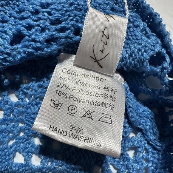 Knit Mix Crochet Open Knit See Thru Maxi Dress Size L Blue Stripe Beach Festival - Picture 10 of 14